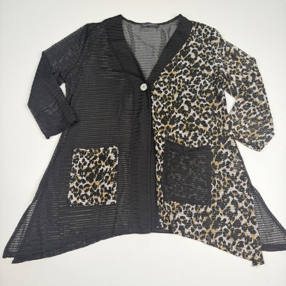 Travel Elements Sweaters - Women Leopard Print Sheer Lightweight Mesh Cardigan Black Pockets Large